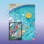 Extended binder art preview showing Starmie V card surrounded by poolside summer artwork across a 4 pocket binder page.