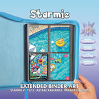 Extended binder art cover featuring Starmie V card in a 4-slot binder layout, with a sunny poolside, Psyduck and Misty artwork and digital download labels.