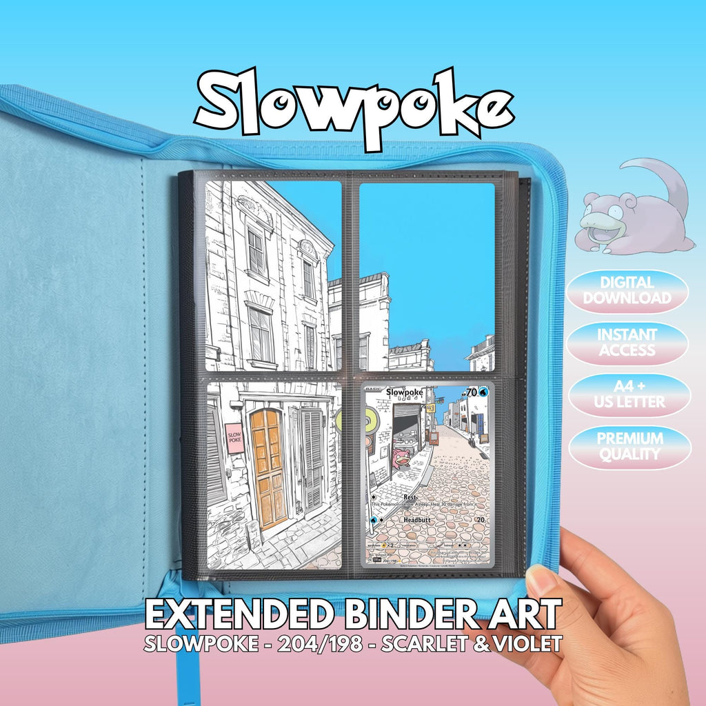 Extended binder art cover featuring Slowpoke card in a 4-slot binder layout, with a sketched street scene artwork and digital download labels.