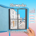 Extended binder art cover featuring Slowpoke card in a 4-slot binder layout, with a sketched street scene artwork and digital download labels.