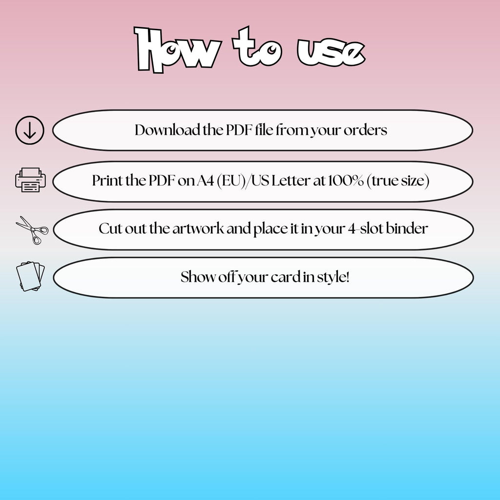 How to use instructions for printable Slowpoke extended binder art, showing steps for downloading, printing, cutting and inserting the artwork into a 4-slot binder.