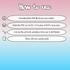 How to use instructions for printable Slowpoke extended binder art, showing steps for downloading, printing, cutting and inserting the artwork into a 4-slot binder.