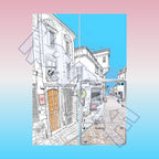 Extended binder art preview showing Slowpoke card surrounded by sketched street scene artwork across a 4 pocket binder page.