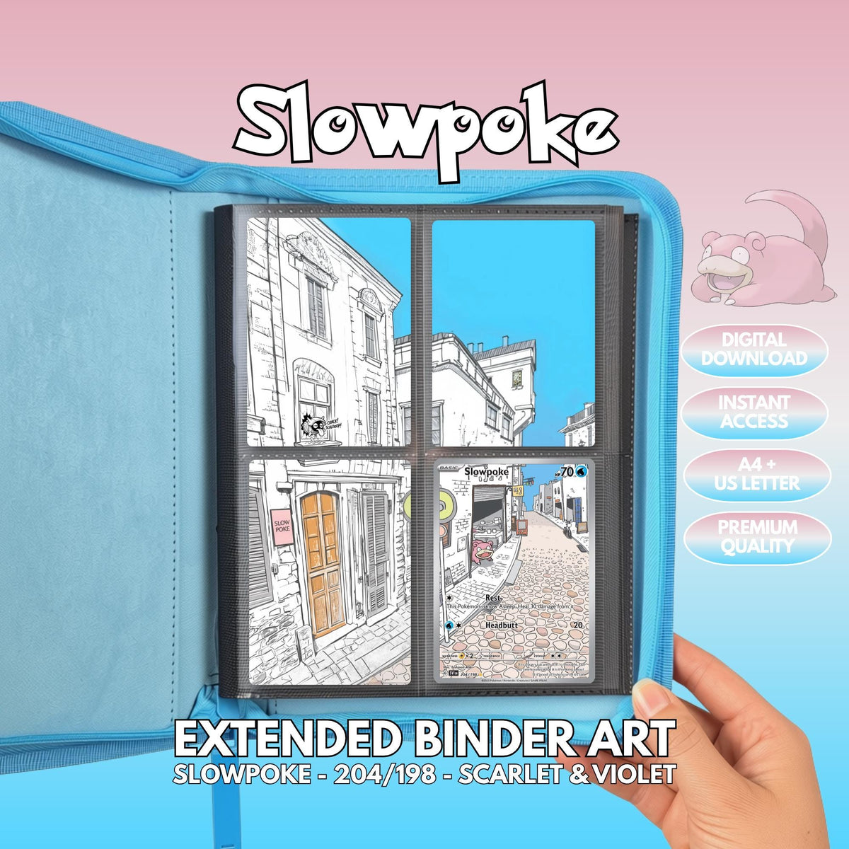 Extended binder art cover featuring Slowpoke card in a 4-slot binder layout, with a sketched street scene artwork, a small Slowpoke icon and digital download labels.