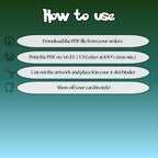 How to use instructions for printable Vaporeon extended binder art, showing steps for downloading, printing, cutting and inserting the artwork into a 4-slot binder.
