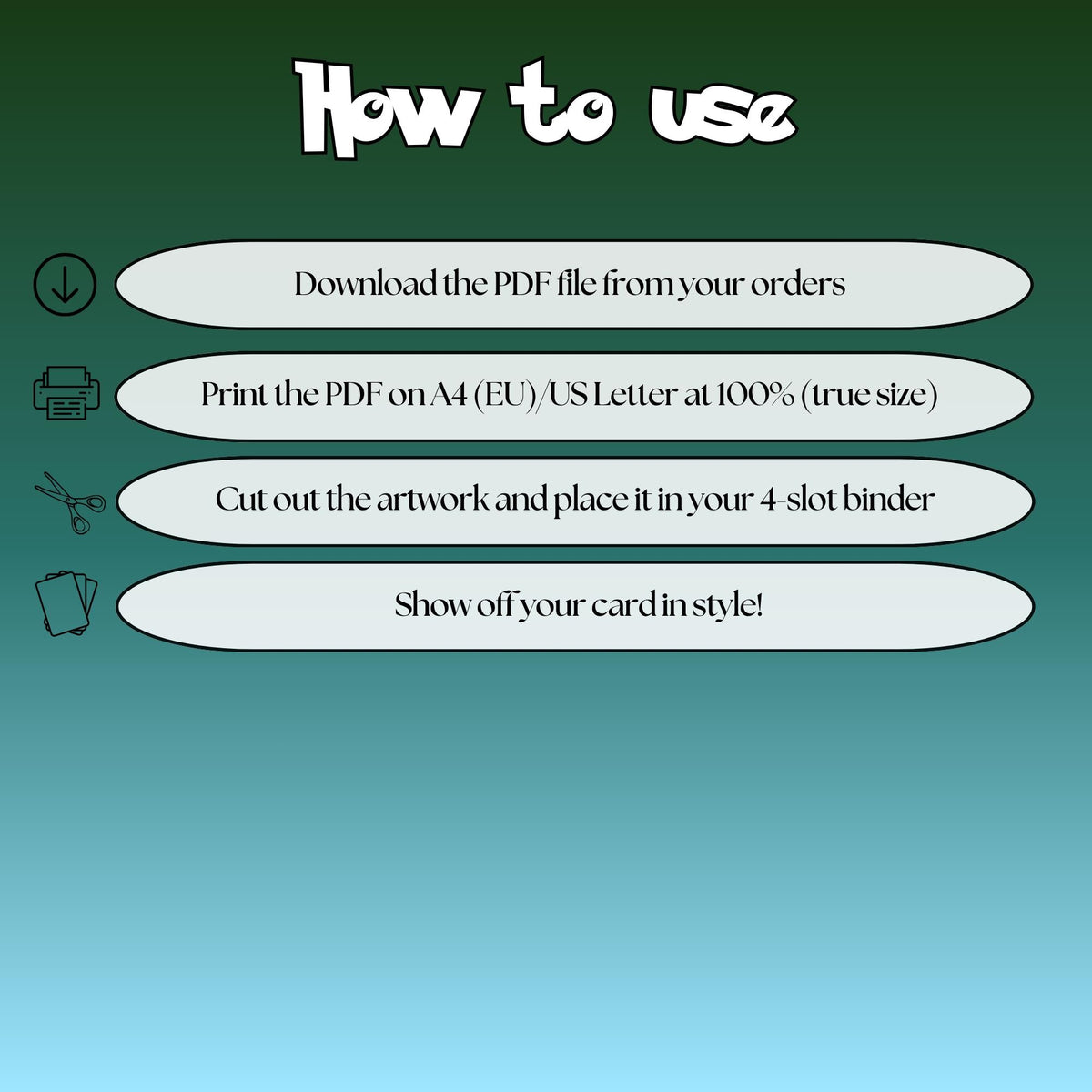 How to use instructions for printable Vaporeon extended binder art, showing steps for downloading, printing, cutting and inserting the artwork into a 4-slot binder.