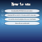 How to use instructions for printable Blastoise and Wartortle extended binder art, showing steps for downloading, printing, cutting and inserting the artwork into a 4-slot binder.