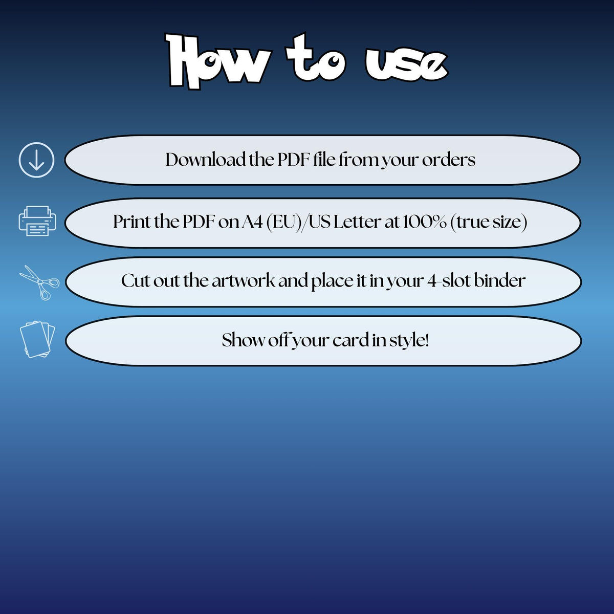 How to use instructions for printable Blastoise and Wartortle extended binder art, showing steps for downloading, printing, cutting and inserting the artwork into a 4-slot binder.