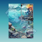 Extended binder art preview showing Hisuian Samurott card surrounded by coastal sunset artwork across a 4 pocket binder page.