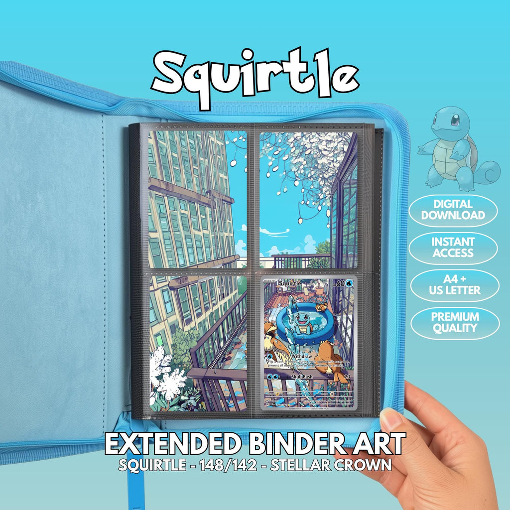 Extended binder art cover featuring Squirtle card in a 4-slot binder layout, with a rainy city street artwork and digital download labels.