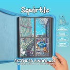 Extended binder art cover featuring Squirtle card in a 4-slot binder layout, with a rainy city street artwork and digital download labels.