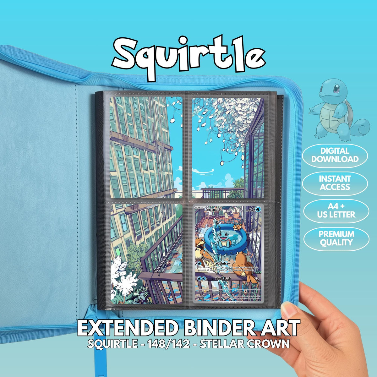 Extended binder art cover featuring Squirtle card in a 4-slot binder layout, with a rainy city street artwork and digital download labels.