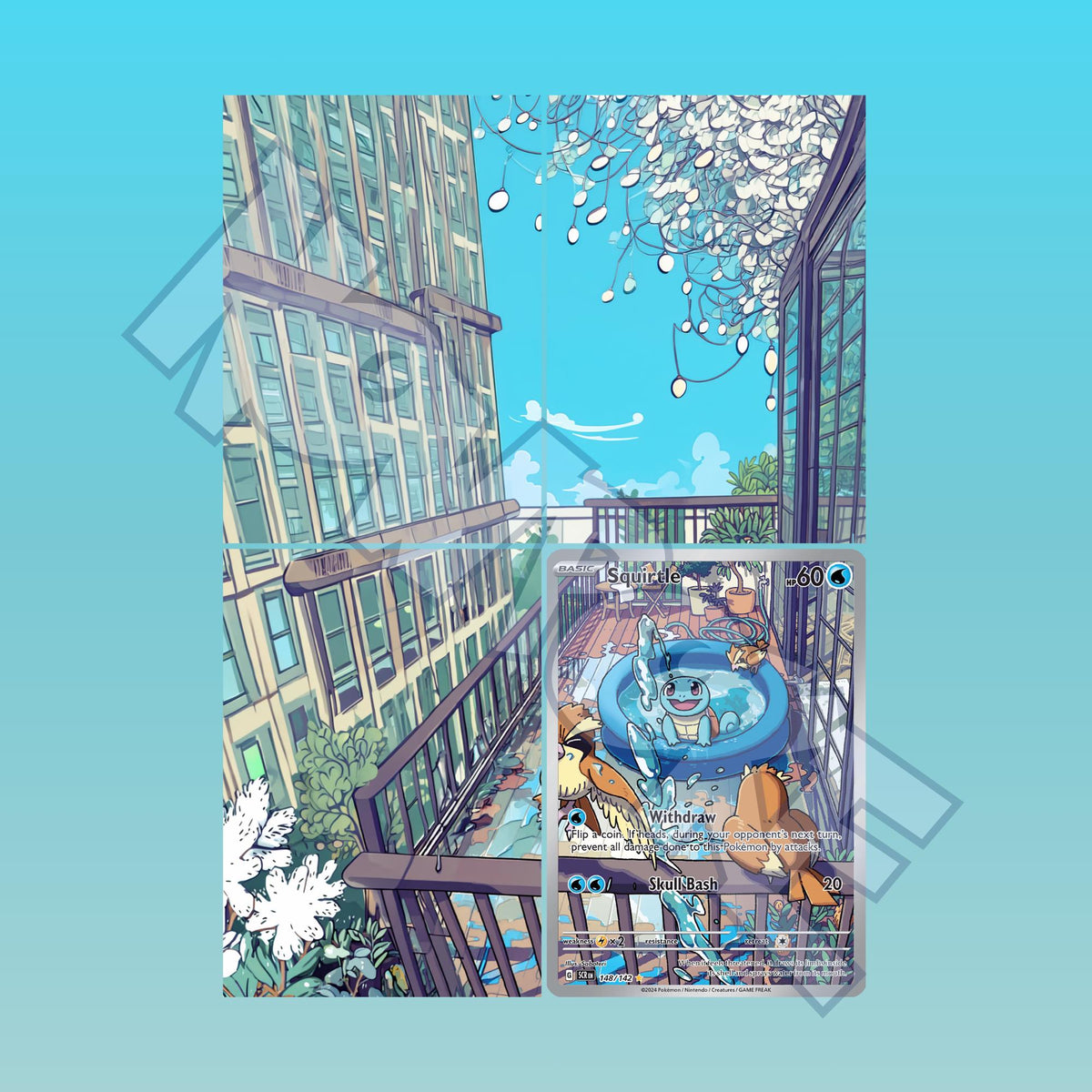 Extended binder art preview showing Squirtle card surrounded by rainy city street artwork across a 4 pocket binder page.
