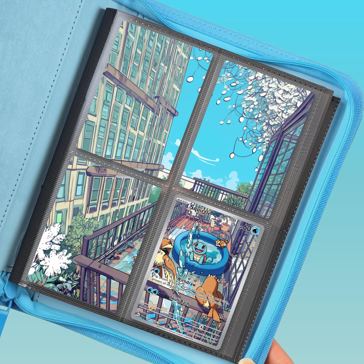 Squirtle extended binder artwork displayed in a 4 pocket Pokémon binder held in hand.