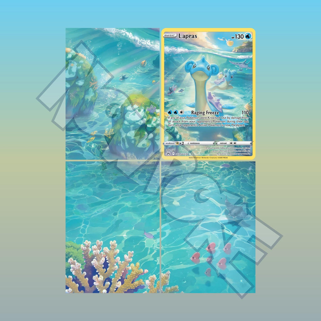 Extended binder art preview showing Lapras card surrounded by serene lake artwork across a 4 pocket binder page.
