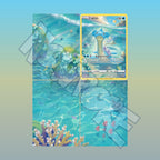 Extended binder art preview showing Lapras card surrounded by serene lake artwork across a 4 pocket binder page.