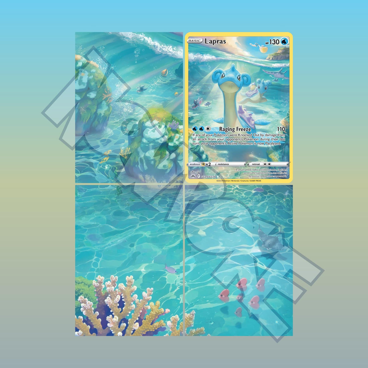 Extended binder art preview showing Lapras card surrounded by serene lake artwork across a 4 pocket binder page.