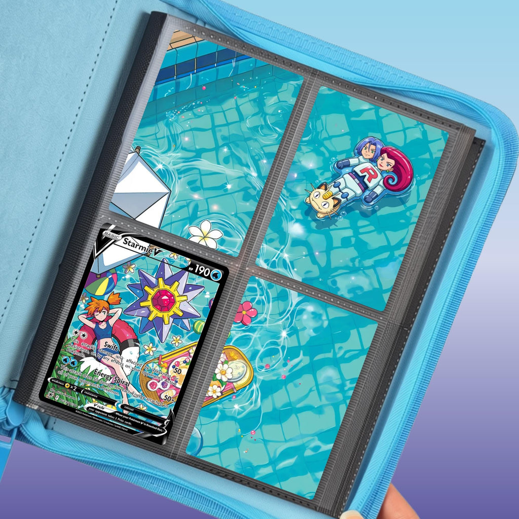 Starmie V extended binder artwork displayed in a 4 pocket Pokémon binder held in hand, featuring Misty and a Team Rocket floatie.