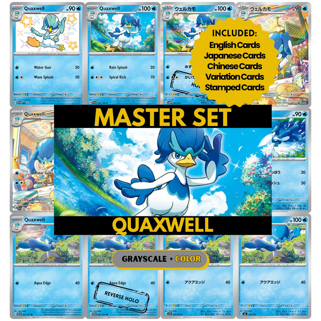 Quaxwell binder pages set showing grayscale and color Pokémon cards, designed as a digital download to complete a collector’s binder.