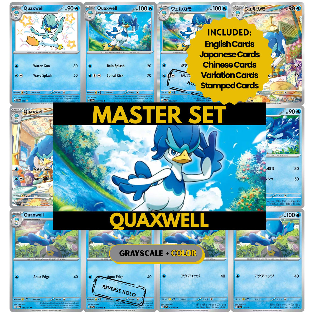 Quaxwell binder pages set showing grayscale and color Pokémon cards, designed as a digital download to complete a collector’s binder.