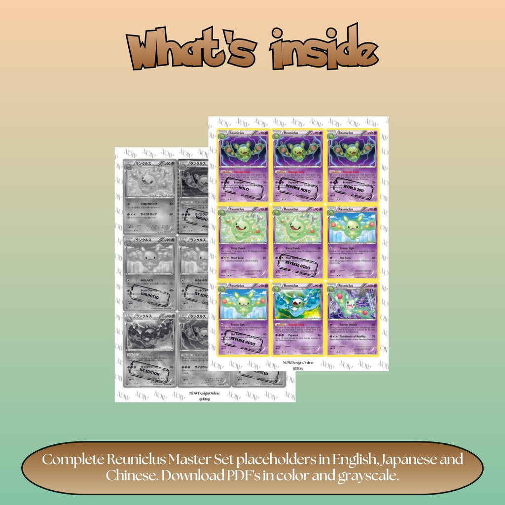 Reuniclus binder pages set overview showing the included Pokémon cards to print and cut for your binder sleeves.