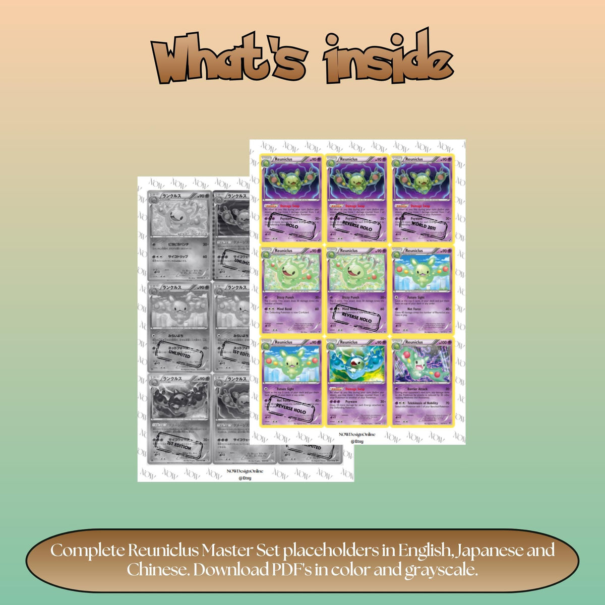 Reuniclus binder pages set overview showing the included Pokémon cards to print and cut for your binder sleeves.