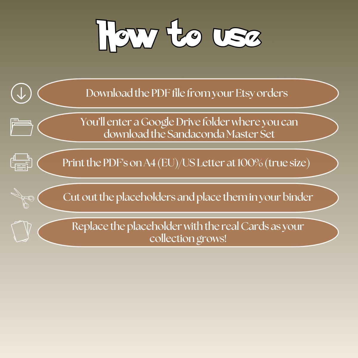 Sandaconda cards digital download instructions explaining how to print, cut, and place placeholders in a Pokémon binder.