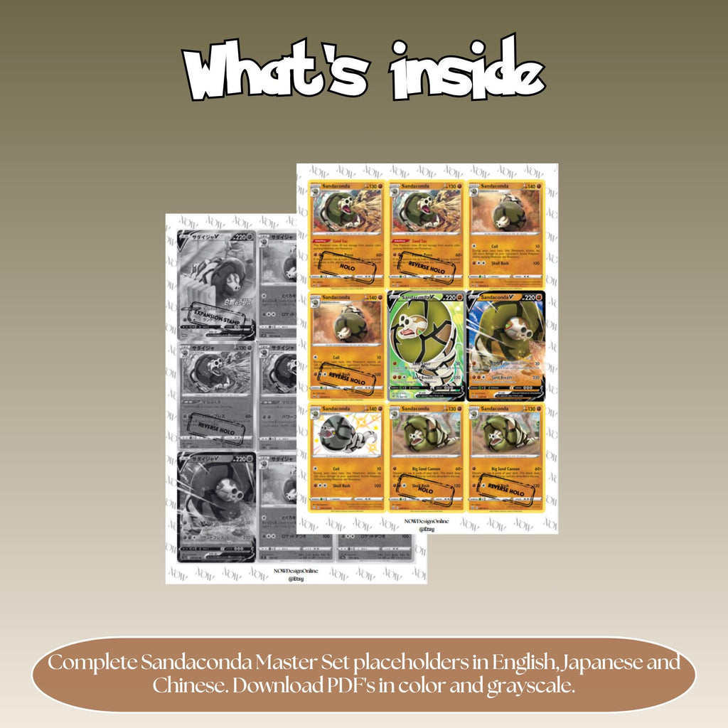 Sandaconda binder pages set overview showing the included Pokémon cards to print and cut for your binder sleeves.