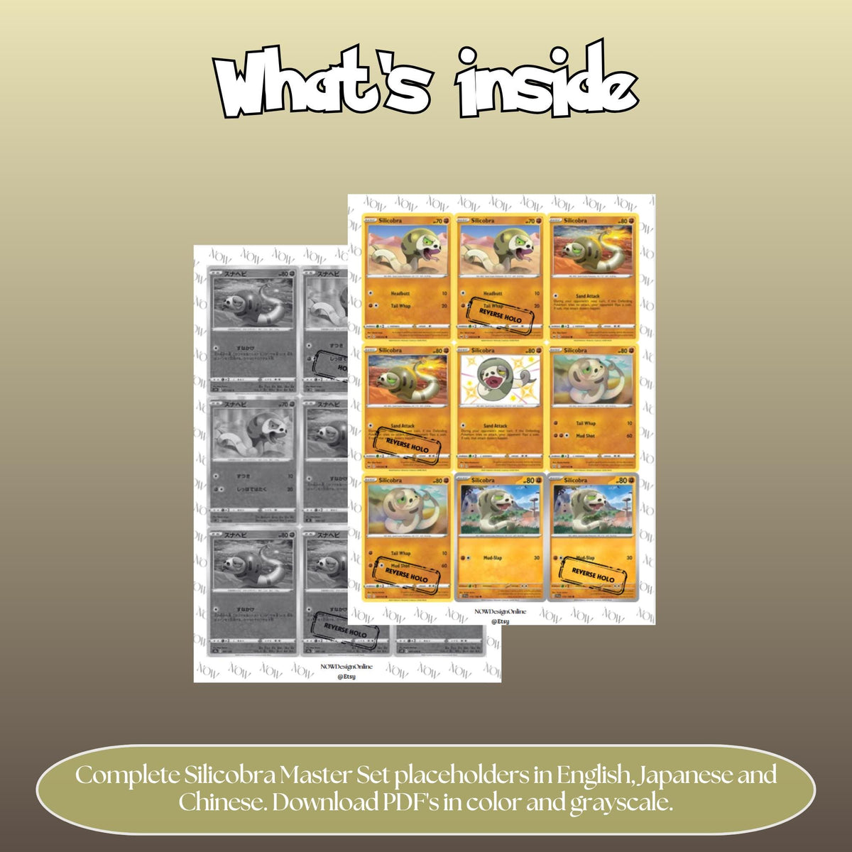 Silicobra binder pages set overview showing the included Pokémon cards to print and cut for your binder sleeves.