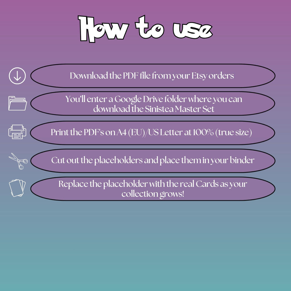 Sinistea cards digital download instructions explaining how to print, cut, and place placeholders in a Pokémon binder.