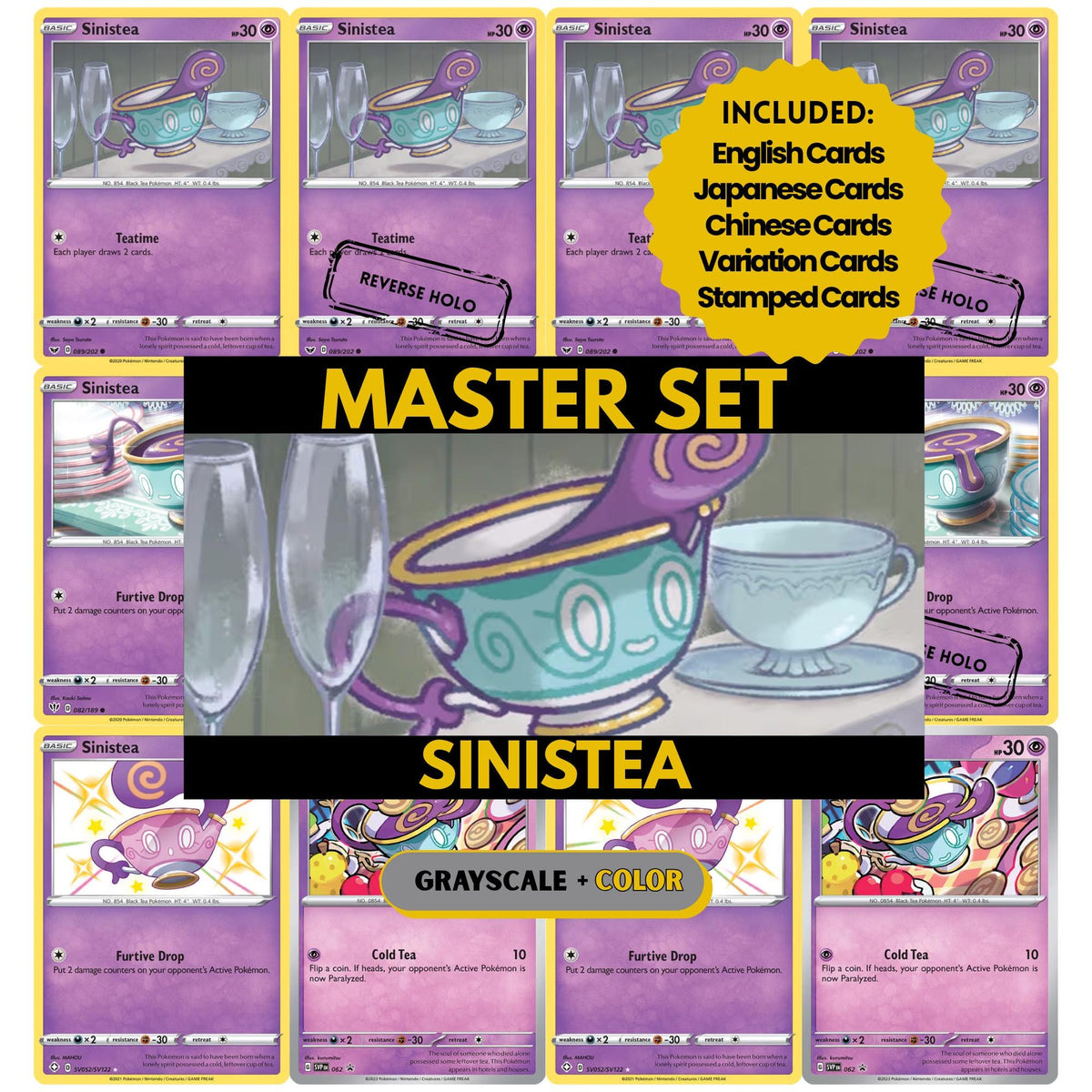 Sinistea binder pages set showing grayscale and color Pokémon cards, designed as a digital download to complete a collector’s binder.