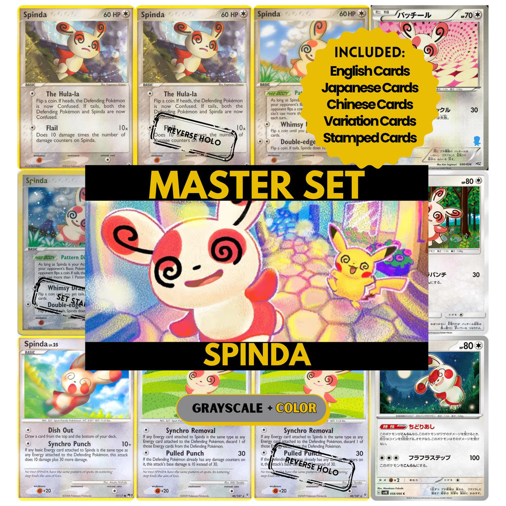 Spinda binder pages set showing grayscale and color Pokémon cards, designed as a digital download to complete a collector’s binder.