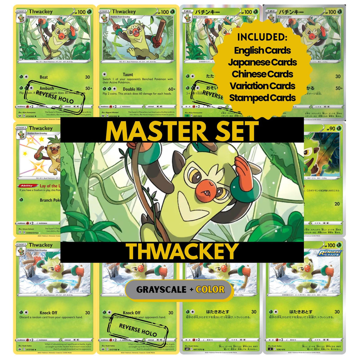 Thwackey binder pages set showing grayscale and color Pokémon cards, designed as a digital download to complete a collector’s binder.