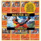 Torracat binder pages set showing grayscale and color Pokémon cards, designed as a digital download to complete a collector’s binder.