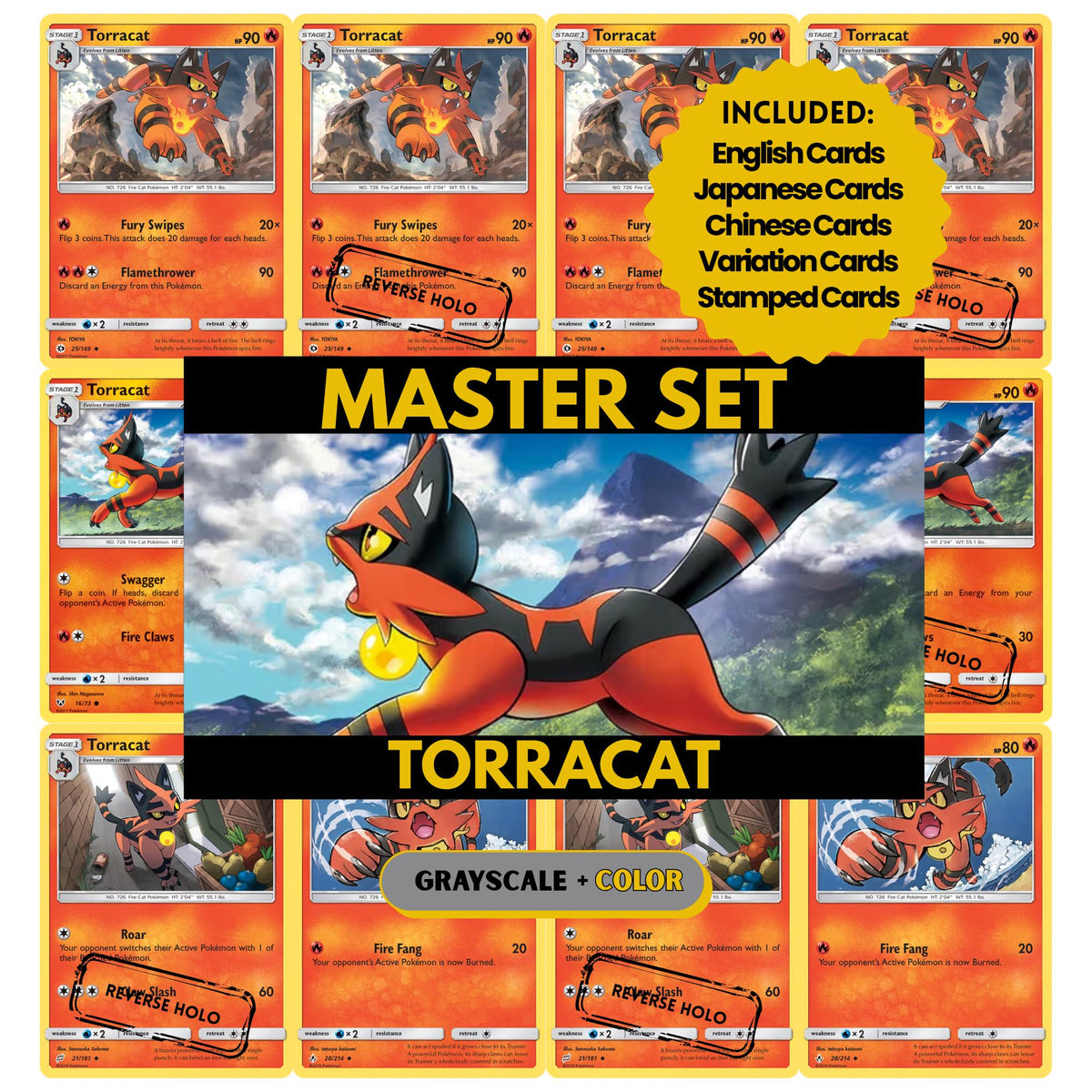 Torracat binder pages set showing grayscale and color Pokémon cards, designed as a digital download to complete a collector’s binder.