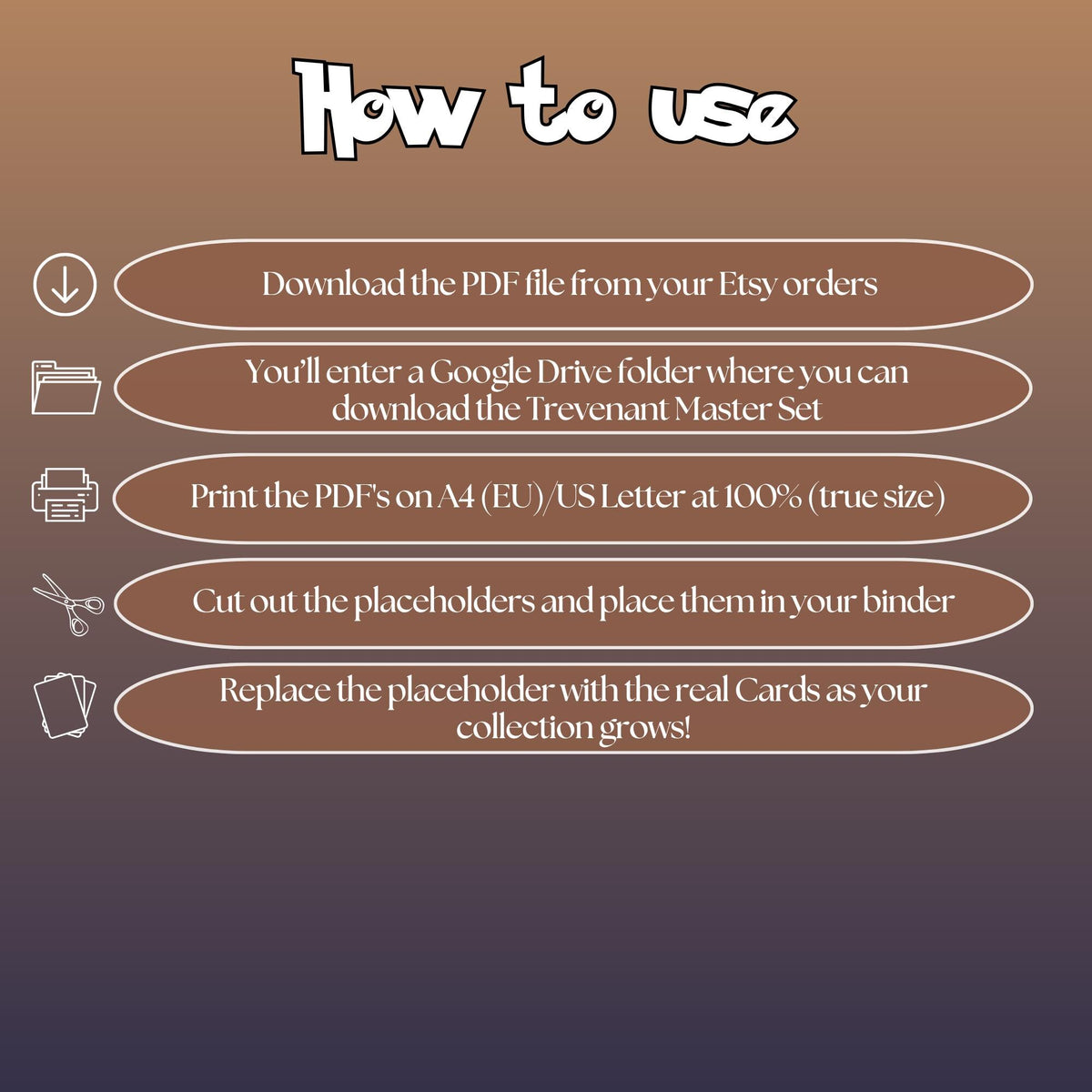 Trevenant cards digital download instructions explaining how to print, cut, and place placeholders in a Pokémon binder.