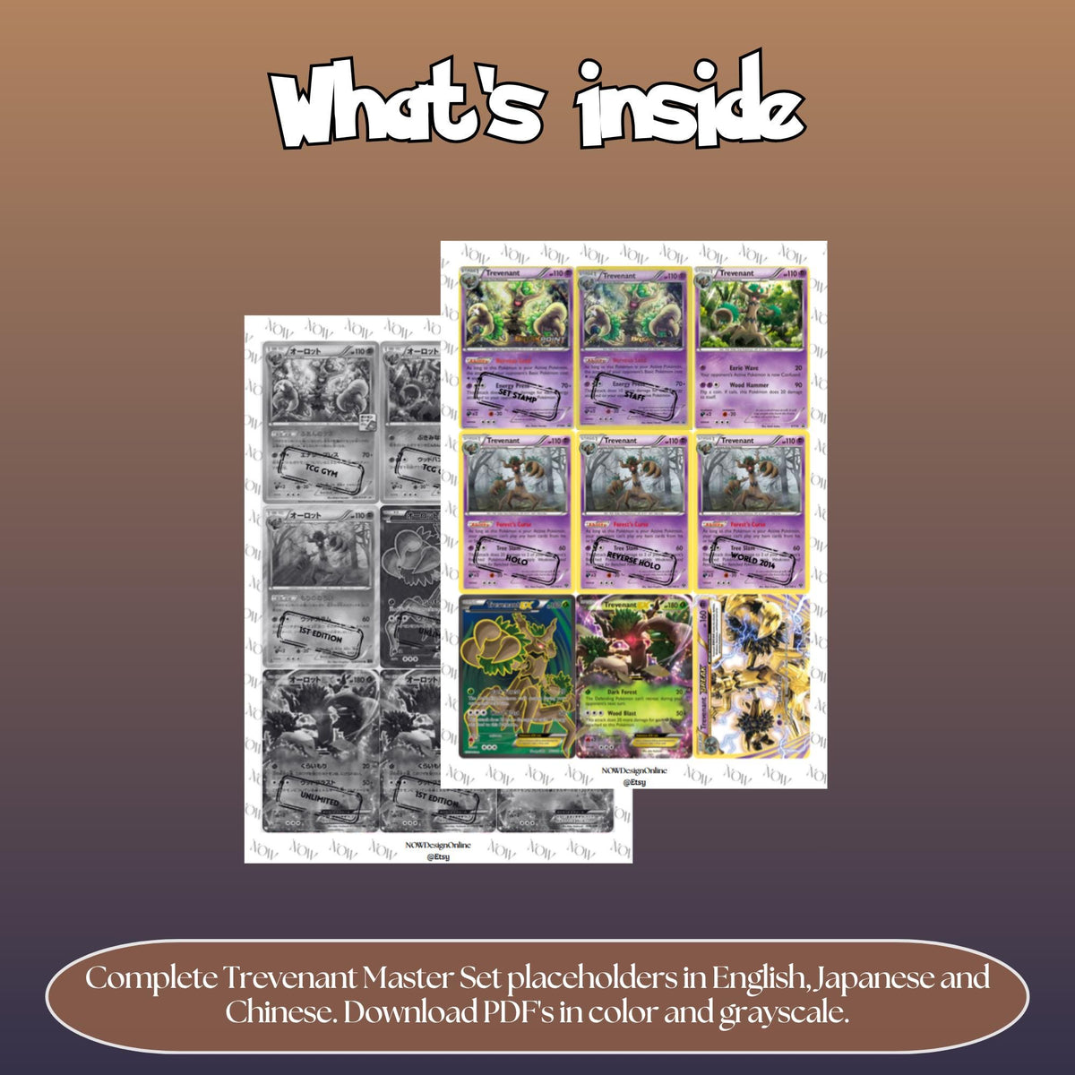 Trevenant binder pages set overview showing the included Pokémon cards to print and cut for your binder sleeves.