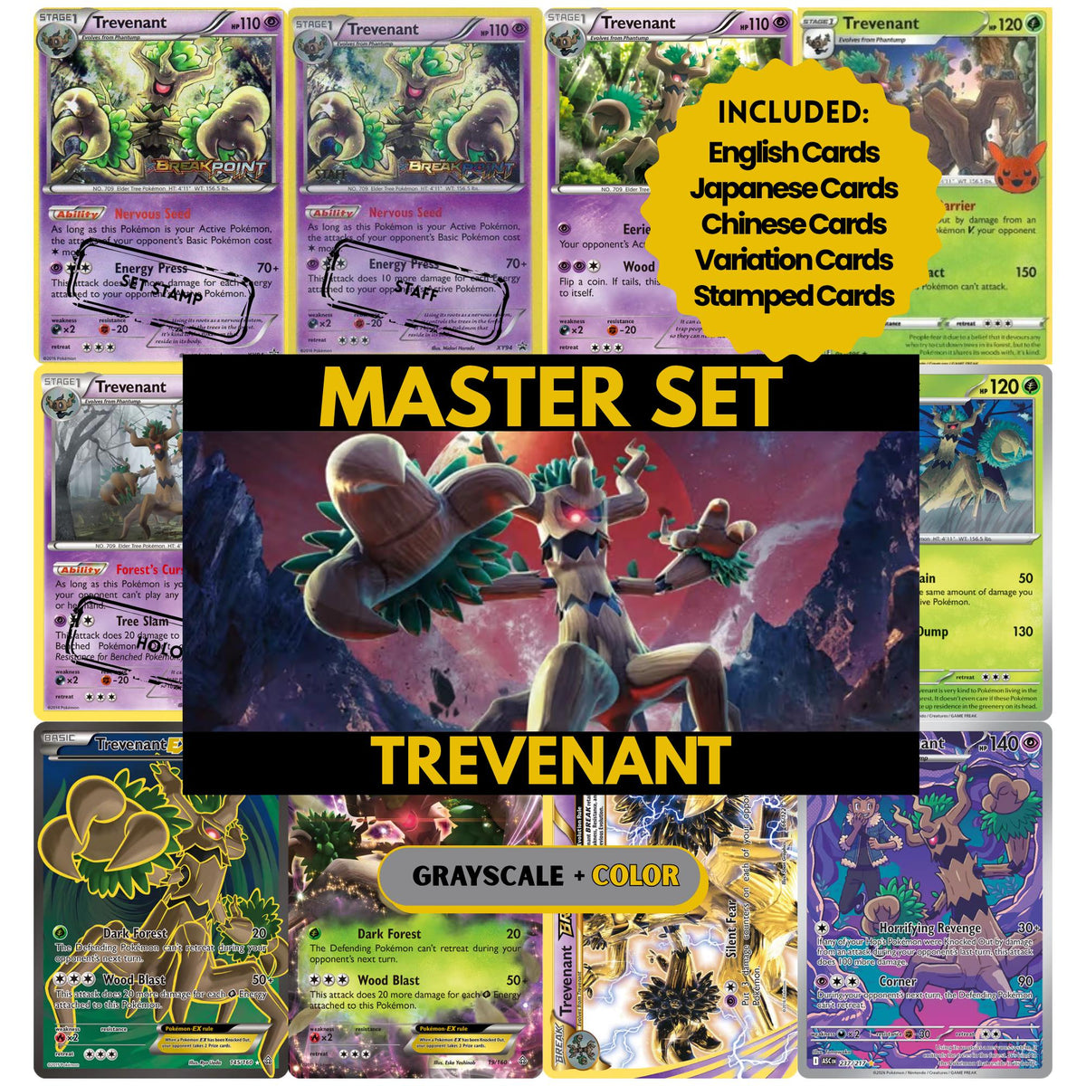Trevenant binder pages set showing grayscale and color Pokémon cards, designed as a digital download to complete a collector’s binder.