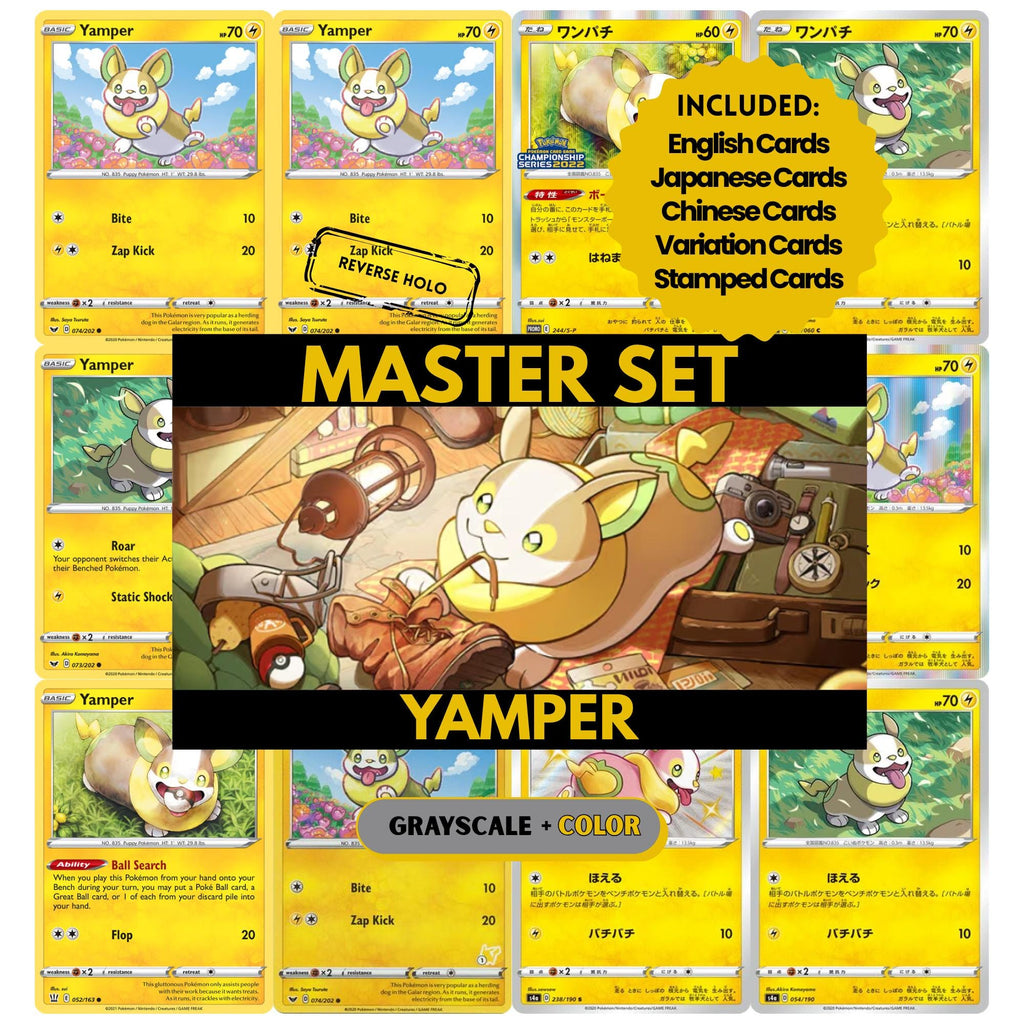 Yamper binder pages set showing grayscale and color Pokémon cards, designed as a digital download to complete a collector’s binder.