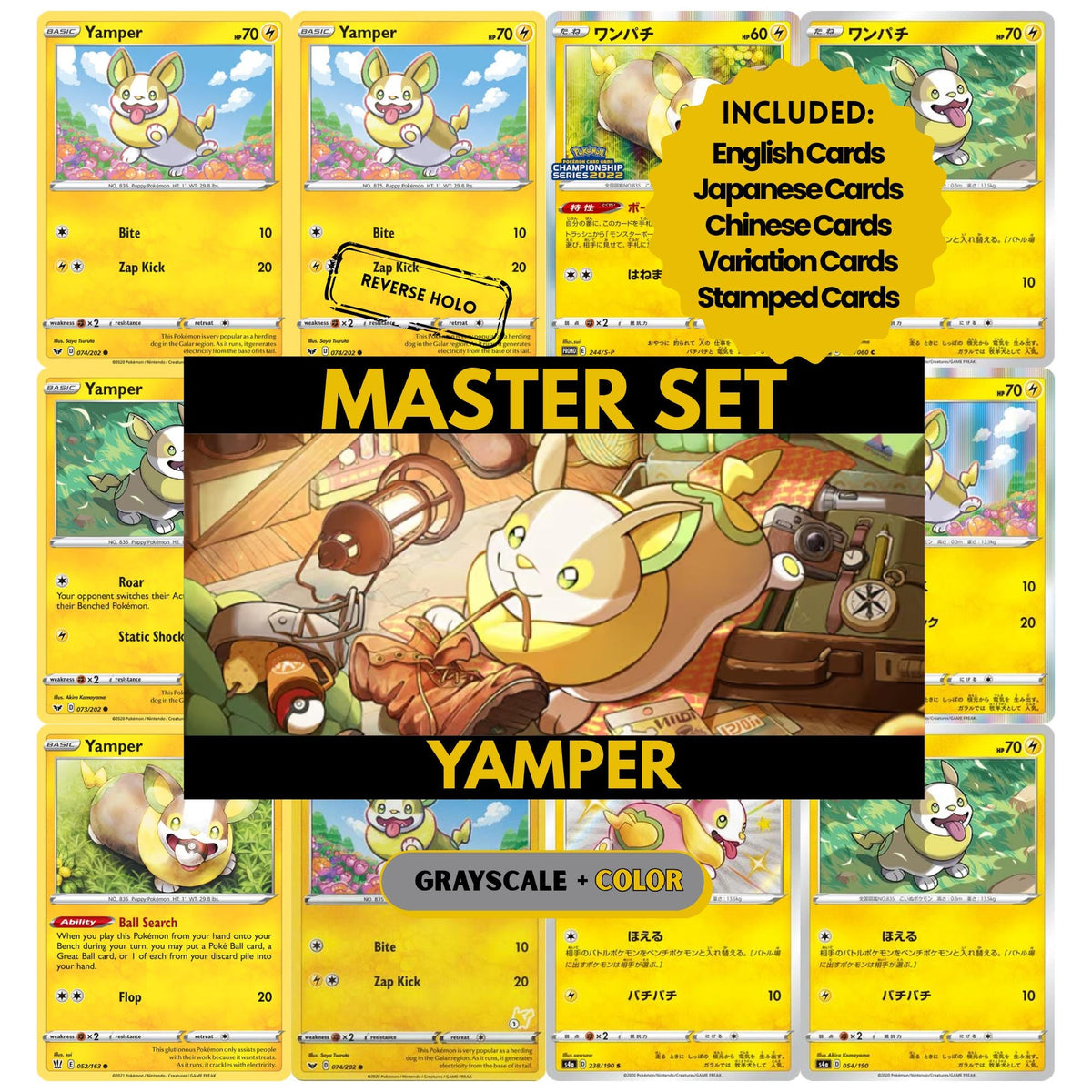 Yamper binder pages set showing grayscale and color Pokémon cards, designed as a digital download to complete a collector’s binder.