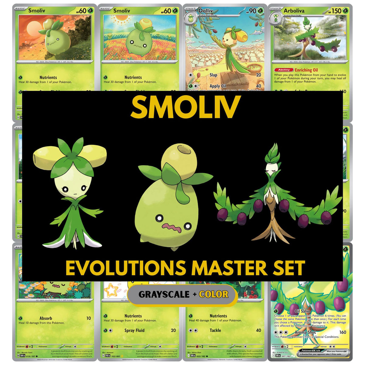 Smoliv Evolutions binder pages set showing grayscale and color Pokémon cards, designed as a digital download to complete a collector’s binder.