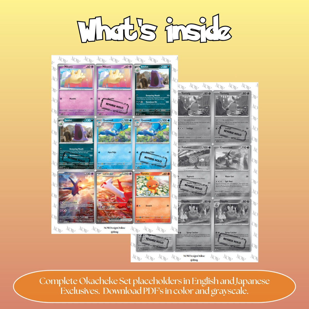 Okacheke illustrator set overview showing the included Pokémon cards to print and cut for your binder sleeves.