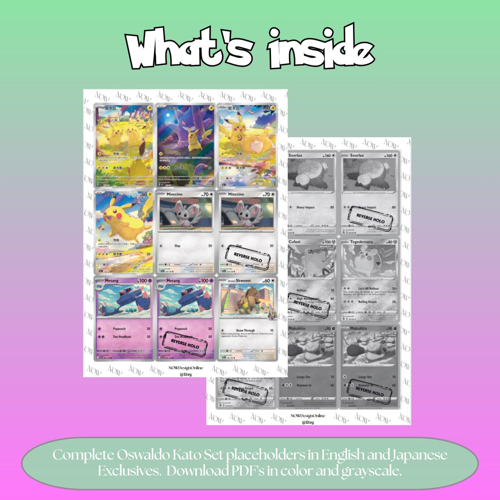 Oswaldo Kato illustrator set overview showing the included Pokémon cards to print and cut for your binder sleeves.
