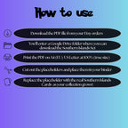 Southern Islands digital download instructions explaining how to print, cut, and place placeholders in a Pokémon binder.