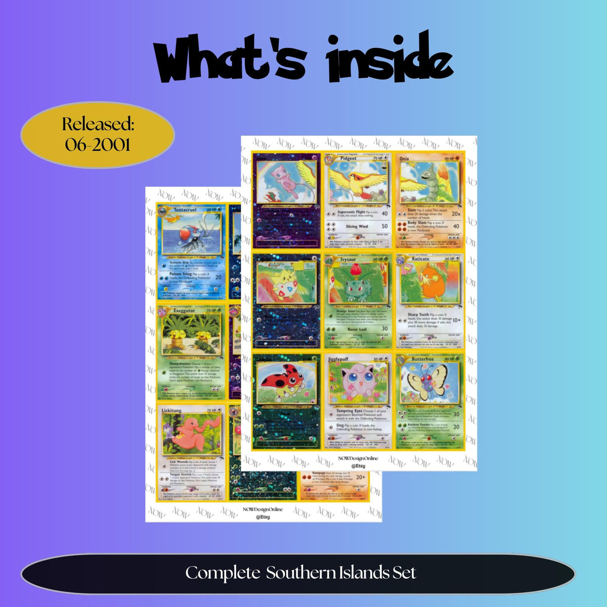 Southern Islands master set overview showing the included Pokémon cards to print and a full color checklist for the WOTC binder.