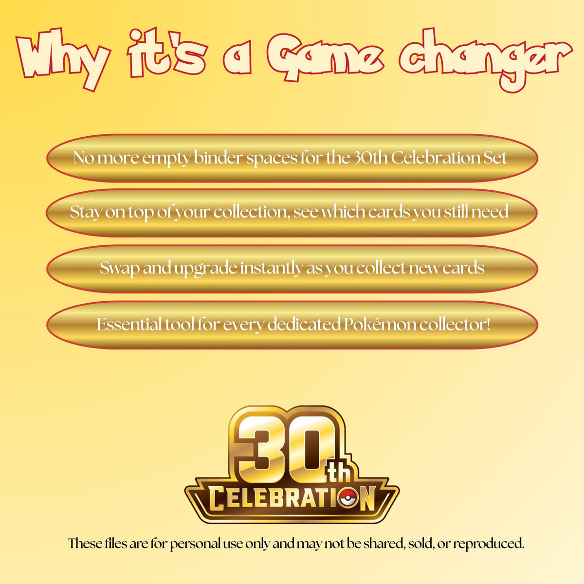30th Celebration master set checklist highlighting the benefits of tracking and upgrading your Pokémon card collection.