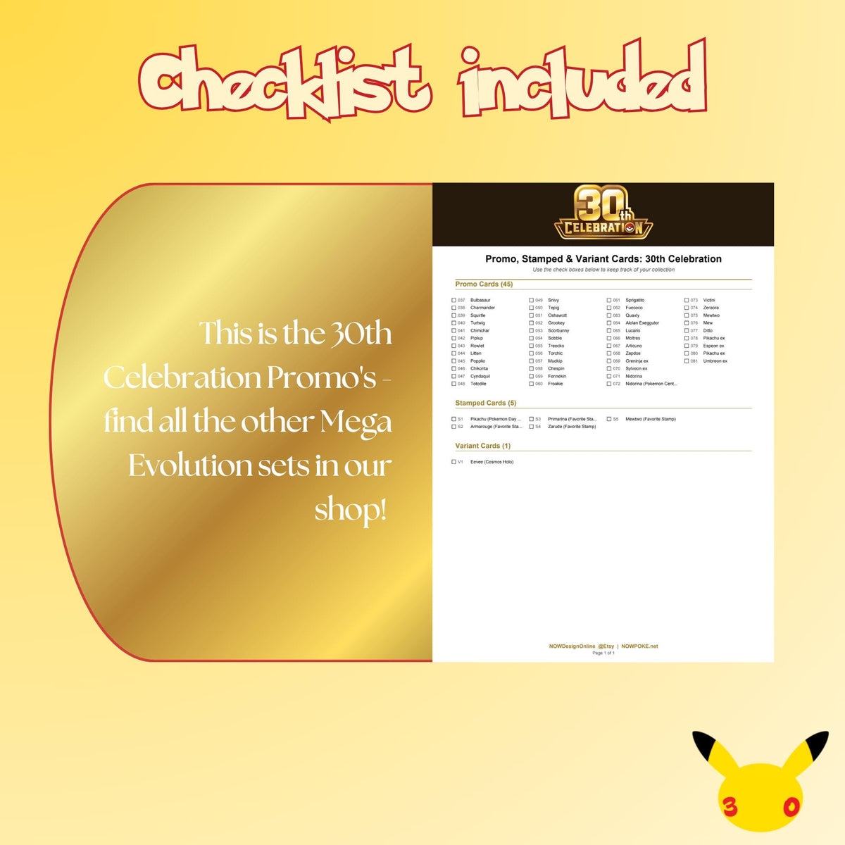 Example of the checklist that’s included to see which cards are all in the 30th Celebration Promo's set from the Mega Evolution Series