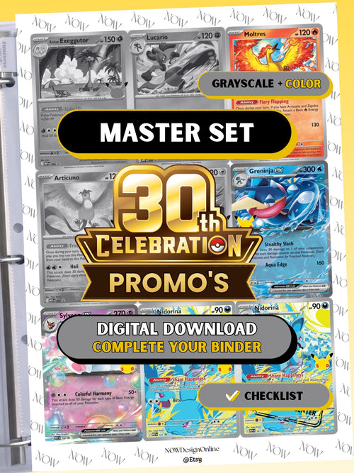 30th Celebration Promo's set binder page showing grayscale and color Pokémon cards, designed as a digital download with checklist to complete a collector’s binder.