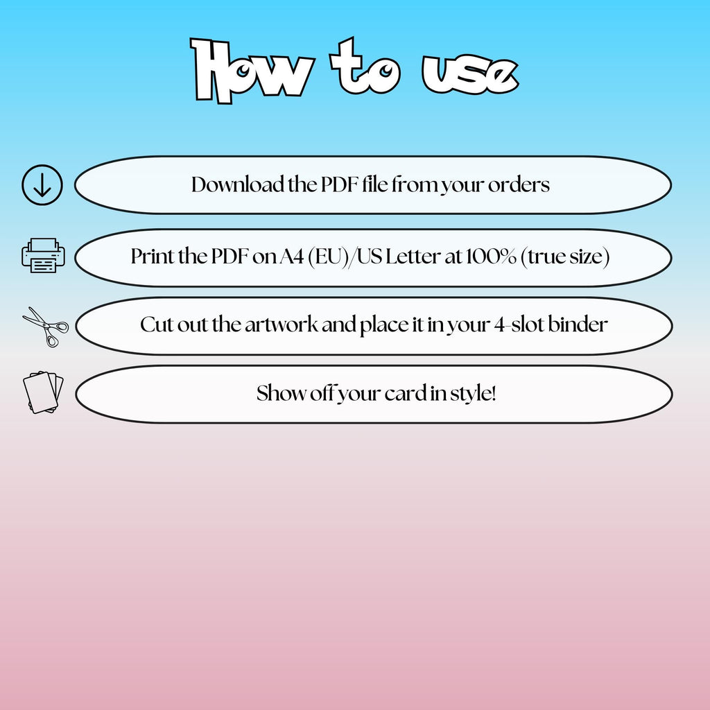 How to use instructions for printable Slowpoke extended binder art, showing steps for downloading, printing, cutting and inserting the artwork into a 4-slot binder.