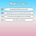 How to use instructions for printable Slowpoke extended binder art, showing steps for downloading, printing, cutting and inserting the artwork into a 4-slot binder.